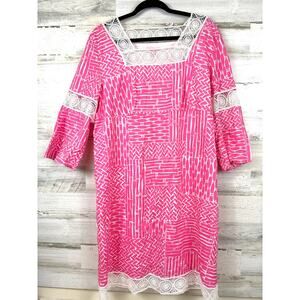 Lilly Pulitzer Womens XL Chapman Pink White Bamboo Floral Lace Trim Mini Dress